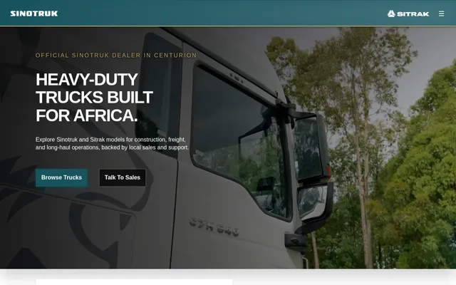 Sinotruk Centurion homepage with the headline "Heavy-duty trucks built for Africa"