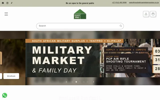 TentPro online store homepage with a product search bar and event banner